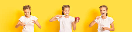 beautiful brown-haired teenage girl and electric toothbrush against yellow background, children oral...