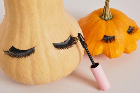 mascara in pink mock up blank packaging, squash and pumpkin with false eyelashes on gray background copy space, autumn seasonal make up conceptの写真素材