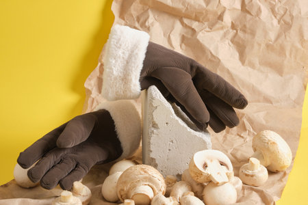 gloves and champignons on a yellow background, vegan leather concept, leather from plants and mushrooms to replace animal leatherの写真素材