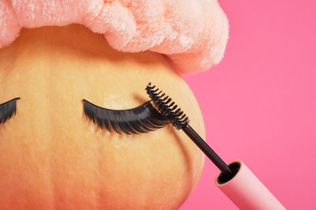 mascara in mock up blank pink packaging and pumpkin with false eyelashes on pink background copy space, make up conceptの写真素材