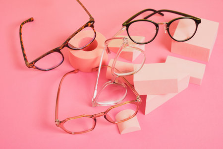 several different trendy eye glasses on geometric pink podiums, colorful background, copy space top viewの写真素材