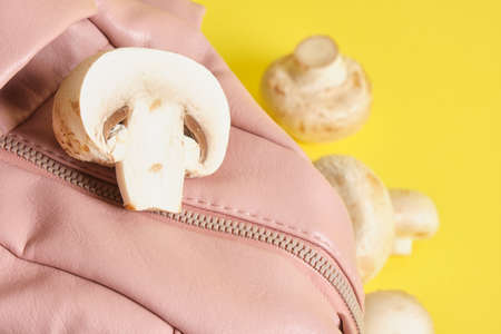 backpack made of pink eco leather and champignons on a yellow background, vegan leather from...
