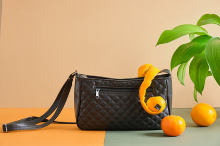 leather bag and tangerine on green background, zero waste lifestyle, leather making from unnecessary fruits, no waste production, fruit leather conceptの写真素材