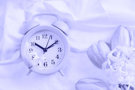 blue alarm clock, flowers on the bed, spring morning mood concept, beautiful tulips and hyacinth in...