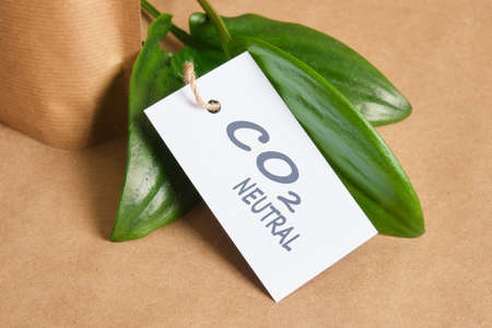 paper pack green leaves and white label with inscription co2 neutral on brown background Eco friendly packaging marked co2 neutral, paper recycling, zero waste, natural products concept.の写真素材