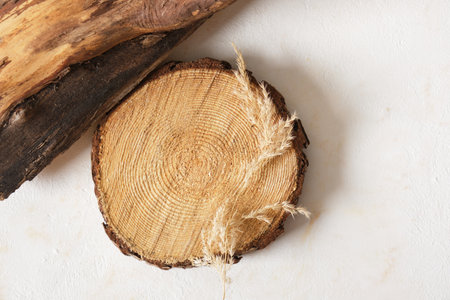 tree circle wooden platform on beige background, presentation of natural cosmetic products, mock up, copy spaceの写真素材