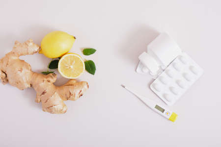 ginger, lemon, mint leaves and medicines, treatment and prevention of colds with natural remedies,...