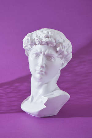 copy of the head of an antique statue of David on a purple background, trendy colors, copy space,...