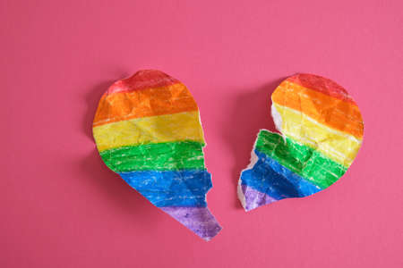 crumpled torn Rainbow paper heart . LGBT concept. copy space broken heart conceptの写真素材