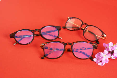 pink flowers and trandy eye glasses on bright red background