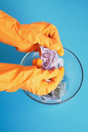 hands in orange gloves wash money with soap in a bowl on a blue background euro and dollars billsの写真素材