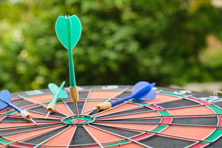 dart hit the target, win by points, business concept trees in blur on the background, selective focusの写真素材
