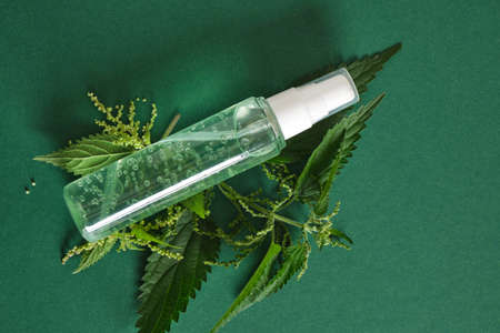 Natural cosmetics with nettle leaves. Lotion, cream, shampoo in mock up bottle and nettle leaves, skin care and hair treatment.の写真素材