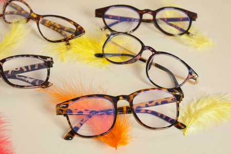 several different eyeglasses on beige background with colored feathers fashion lightweight plastic eyeglass frames leopard print glassesの写真素材