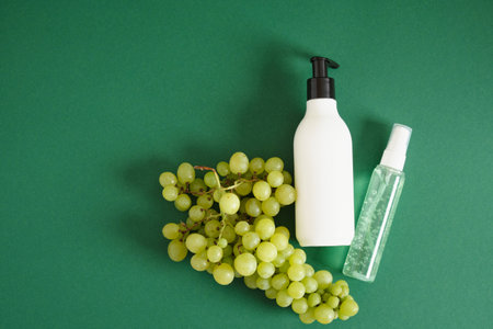 bottle with green gel and white mock up bottle with dispenser and grapes on green background natural cosmetic concept, top view copy spaceの写真素材