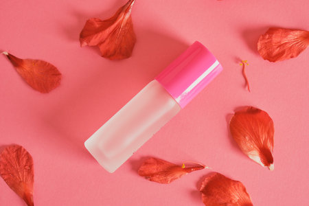 perfume bottle and hibiscus flower petals on pink background, perfume with hibiscus scentの写真素材