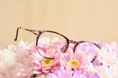 trendy fashion eyeglasses frames on flowers close up, creative product presentationm optic store...