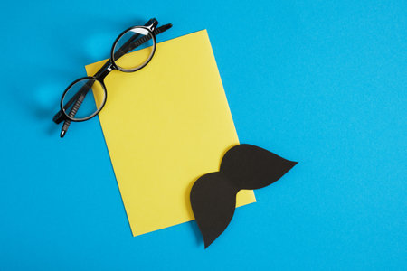 happy father's day concept, postcard and envelope mocap on blue background, mustache, glasses, flat...