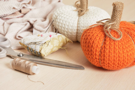 the process of creating decorations for Halloween with your own hands, pumpkins from fabric and...