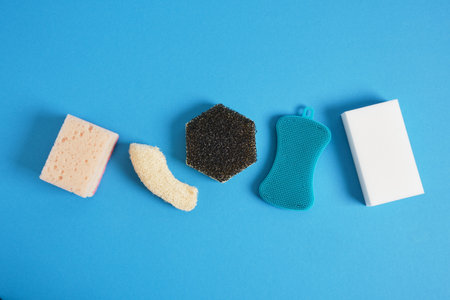 luffa, silicone brush, melamine sponge and cleaning sponges made from natural and recyclable materials, set of recycled goods, zero waste lifestyleの写真素材