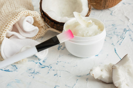 skin care, natural cosmetics concept, coconut oil and face mask, skin peeling, moisturizing,...