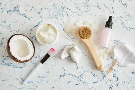 skin care, natural cosmetics concept set, coconut oil and face mask, skin peeling, moisturizingの写真素材