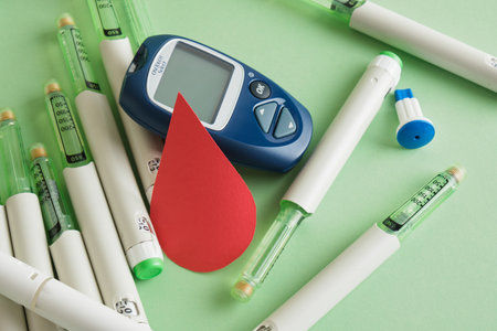 Diabetes concepta a device for measuring blood sugar, a paper drop of blood and a lot of syringe pens with insulinの写真素材