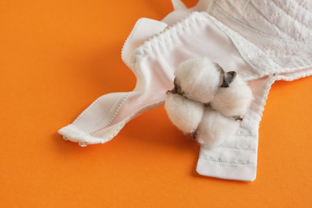 cotton flower and white bra on orange background close up bra straps and eyelets, lace underwearの写真素材