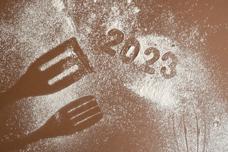 bakery background. whisk, Spatula and flour, silhouette of flour figures 2023