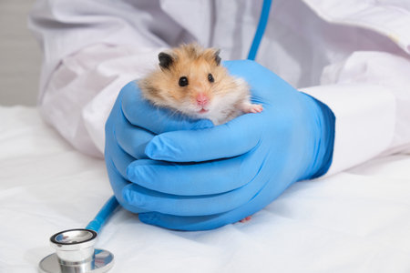 small cute fluffy Syrian hamster in the hands of a doctor, hands in medical gloves hold a rodent, small animal veterinary medicineの写真素材