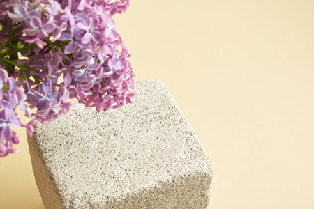 lilac branch and aerated concrete podium on a beige background, mock-up background for product presentation, close-up, beautiful place for a product with lilacの写真素材