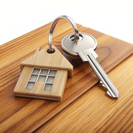 key with drill, keychain in the form of a wooden house, buying a country property concept, eco-friendly lifestyle concept on wooden surfaceの写真素材