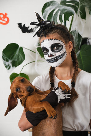 portrait of teenage girl holding dog on Halloweenの写真素材