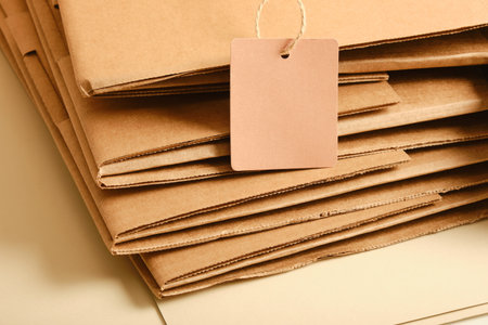 cardboard storage box and label mockup, close up, kraft box, craftの写真素材