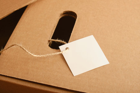cardboard storage box and label mockup, close up, kraft box, craftの写真素材