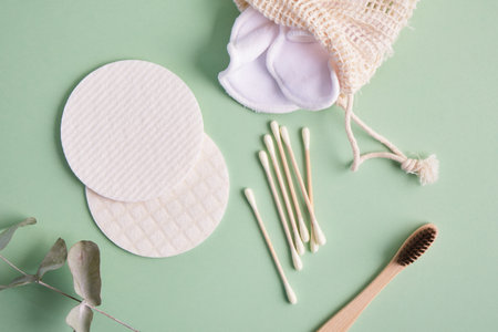 bamboo and cotton care set, recyclable and reusable natural materials personal care products, zero waste lifestyle conceptの写真素材