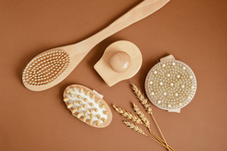 wheat and massage brushes, massagers made of natural wood and bamboo, eco friendly self-careの写真素材