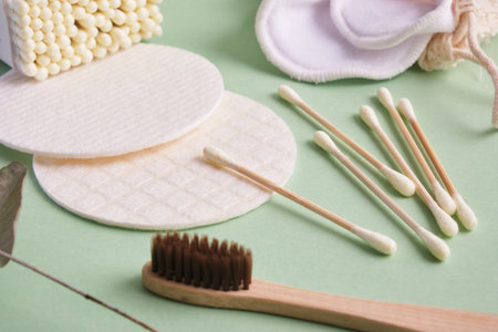 bamboo and cotton care set, recyclable and reusable natural materials personal care products, zero waste lifestyle conceptの写真素材