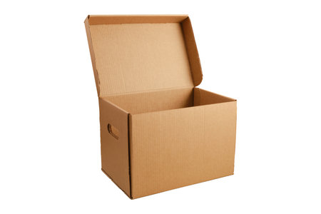 cardboard storage box on white background, archival box with hinged lid, mock up isolated