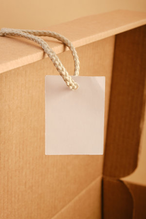 cardboard storage box and label mockup, close up, kraft box, craft