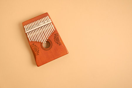 wooden kalimba on beige background, traditional African musical instrument, meditation instrument, copy space.の写真素材
