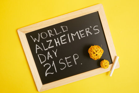 chalk inscription september 21 world alzheimer day, concept of cognitive decline of the brain yellow backgroundの写真素材