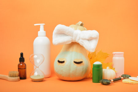 Seasonal skin care concept, pumpkin and cosmetics on orange background, mock up, skin massage and moisturizing, self-careの写真素材
