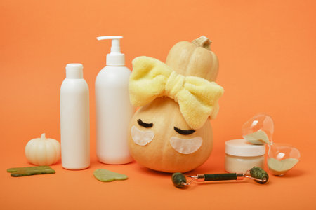 Skin care season concept, pumpkin and cosmetics on orange background, mock upの写真素材