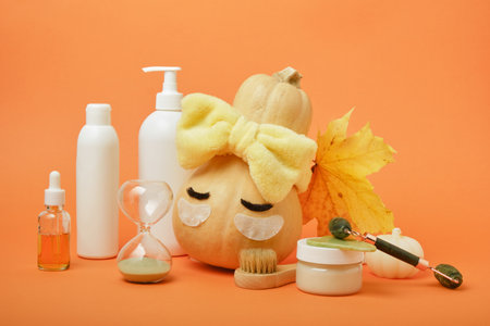 Seasonal skin care concept, pumpkin and cosmetics on orange background, mock up, skin massage and moisturizing, self-care, hourglassの写真素材