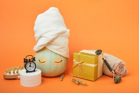 Pumpkin, gift boxes and various cosmetics on an orange background, holiday gift-giving and sales concept, autumn self-careの写真素材
