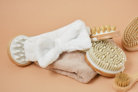 composition with massage tools and bath supplies on beige backgroundの写真素材