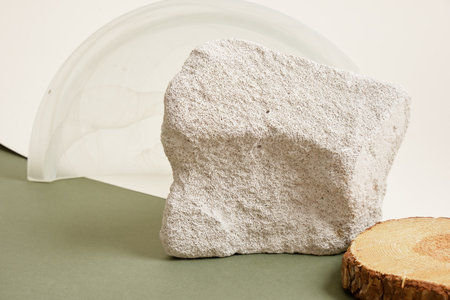 Round Wood cut podium, stone, decorations concept over beige Background for cosmetic products.の写真素材