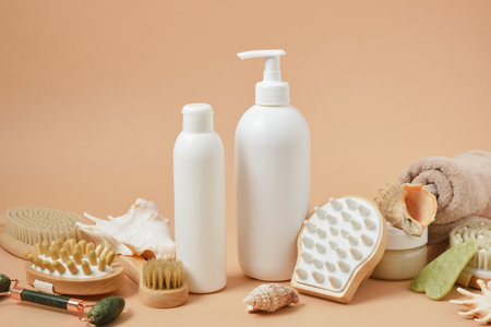 Cosmetic bottles and various massage products, mock-up beige background, eco-friendly materials, no plastic lifestyleの写真素材