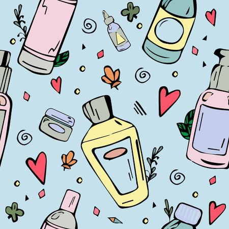 Cartoon seamless pattern. Manual drawing of packages with cream, lotion, shampoo or scrubのイラスト素材